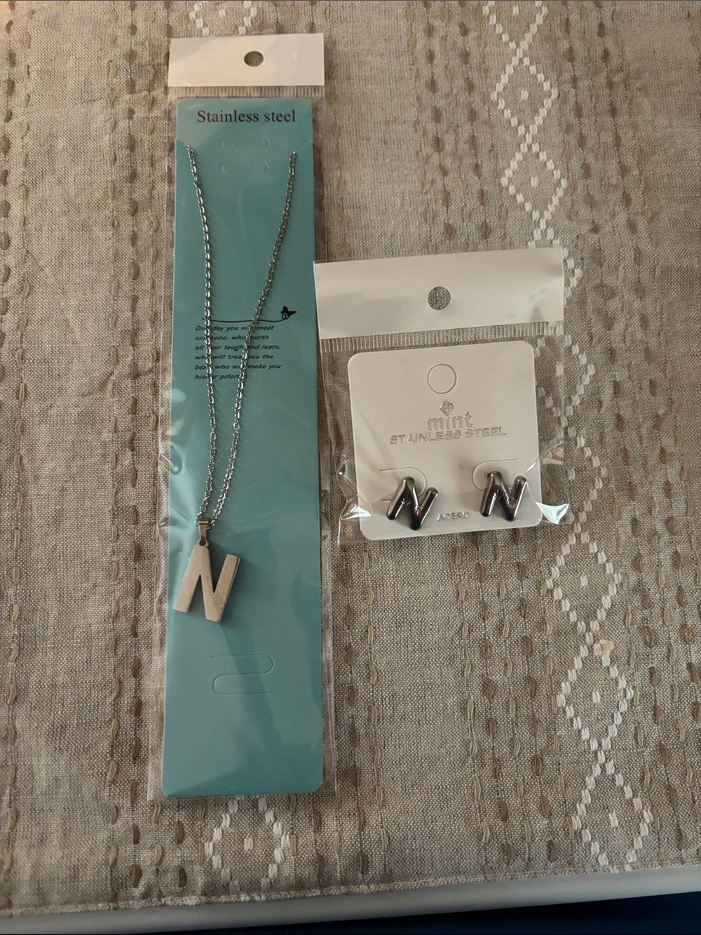 Mint Silver 'N' Initial Necklace and Stud Earrings Set
